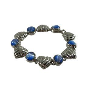 Silver Tone Blue Stone Textured Heart Bracelet Valentines Magnetic Clasp Chain